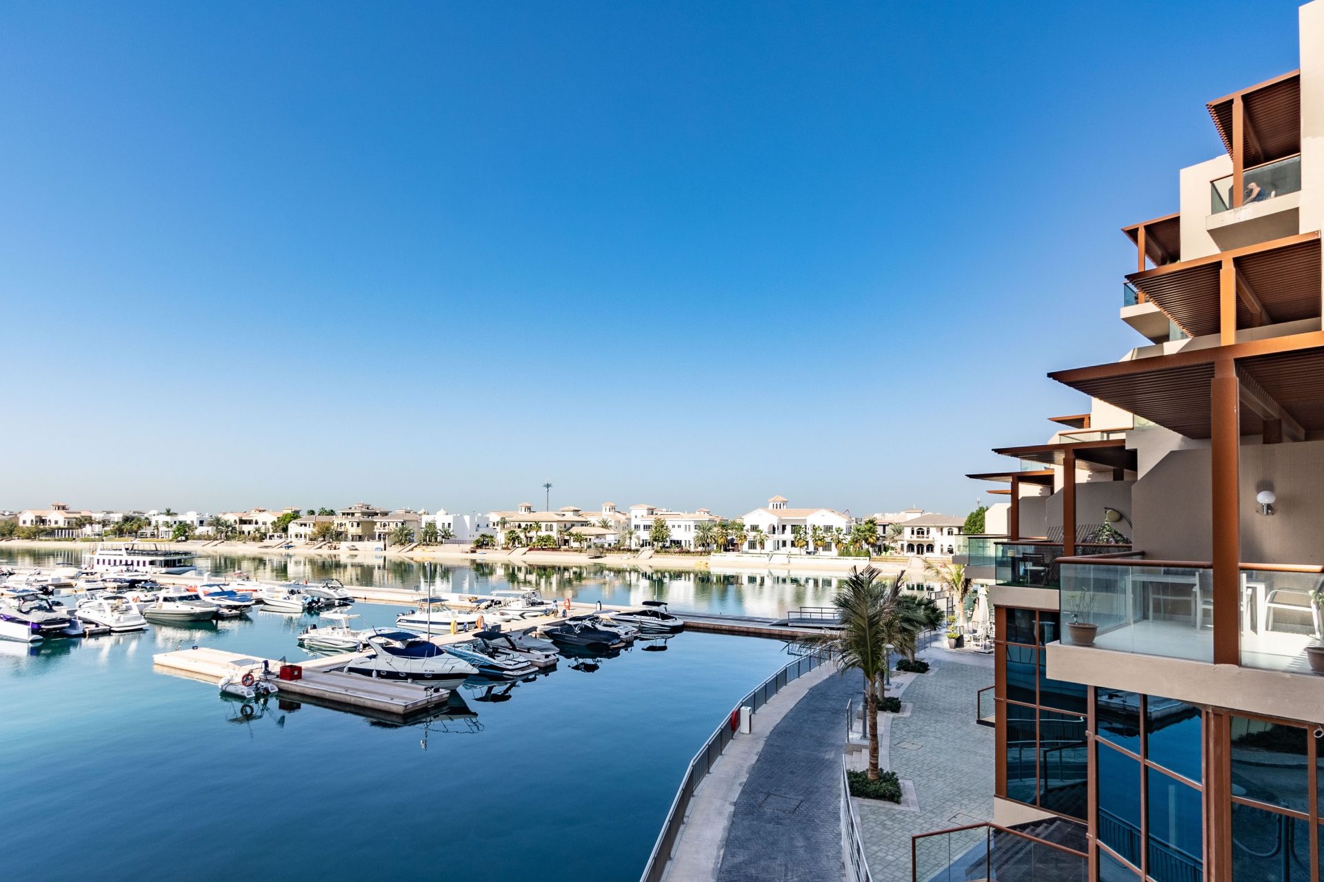 A stunning view of the marina and modern architecture at Palm Jumeirah, Dubai, UAE.